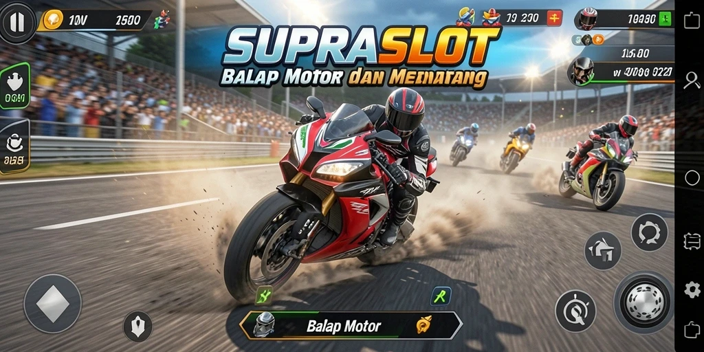 Tampilan antarmuka SUPRASLOT saat balapan motor yang mendebarkan.